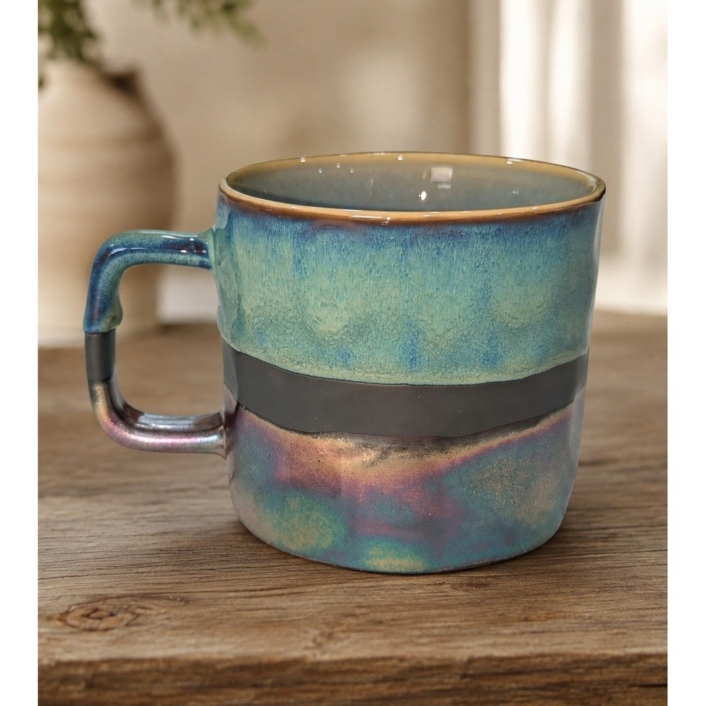 Vintage Coffee Mug Teal Blue Iridescent Studio Pottery Square Handle
